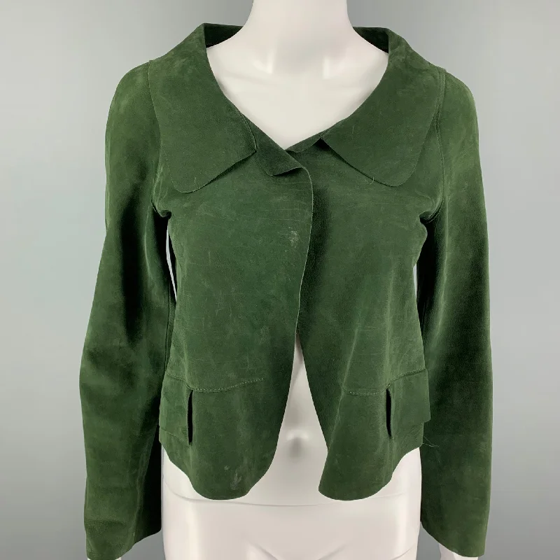 MARNI Size 4 Green Suede Buttoned Jacket Satin Jacket Silk Jacket Chiffon Jacket