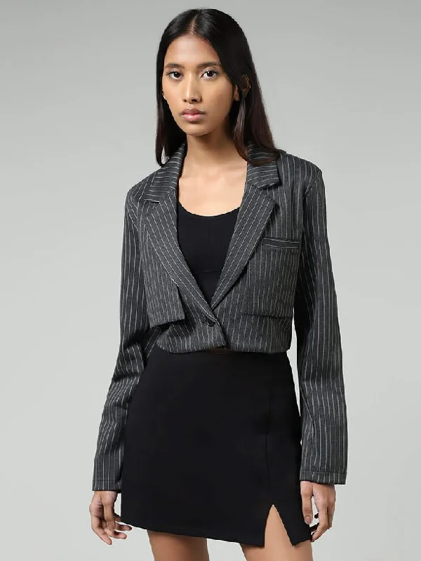 Nuon Grey Pinstriped Crop Jacket Nylon Fabric Polyester Fabric Spandex Fabric