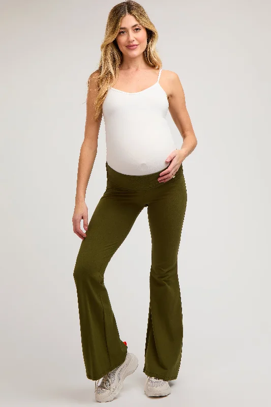 Olive Fold-Over Waistband Flared Maternity Leggings Comfortable Slip-On Compression Leggings