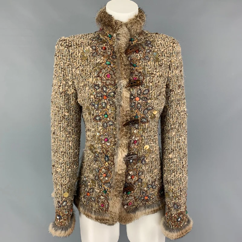 OSCAR DE LA RENTA Size 6 Taupe Wool Blend Embroidered Jacket Oversized Jacket Tailored Jacket Straight Jacket OSCAR DE LA RENTA Size 6 Taupe Wool Blend Embroidered Jacket Oversized Jacket Tailored Jacket Straight Jacket