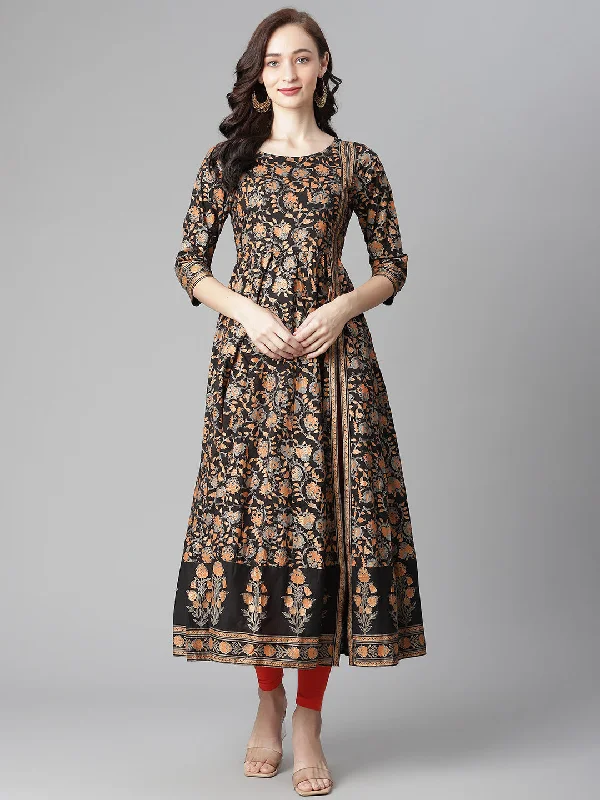 Women Black Cotton Printed Anarkali Kurta With Legging Stylish Camo Print Leggings