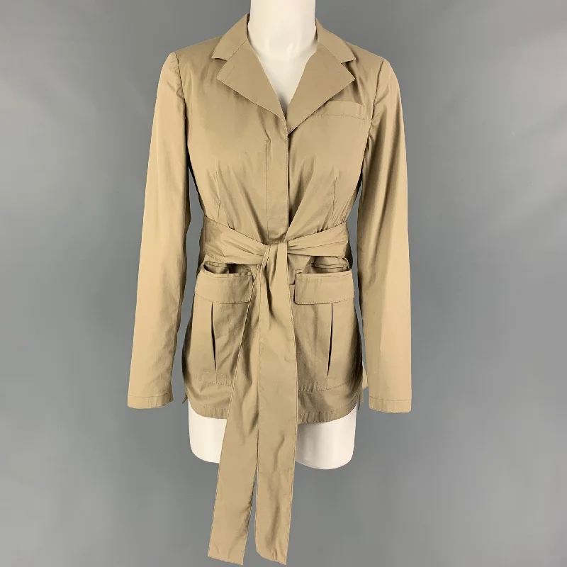 PRADA Size 4 Beige Cotton Blend Ruched Back Belted Jacket Collared Jacket Crew Neck Jacket Turtle Neck Jacket PRADA Size 4 Beige Cotton Blend Ruched Back Belted Jacket Collared Jacket Crew Neck Jacket Turtle Neck Jacket