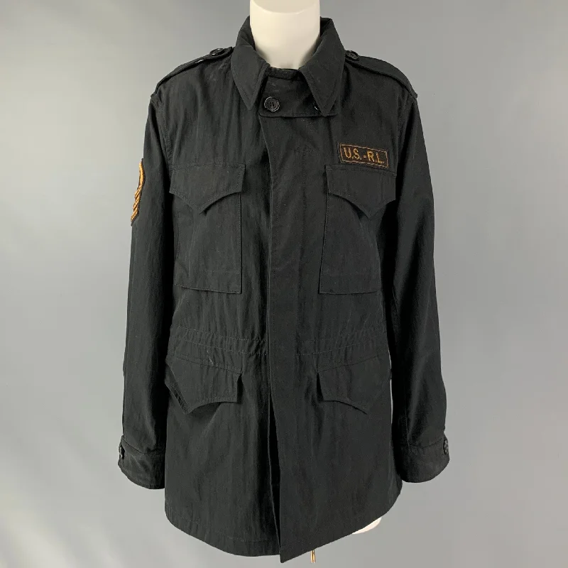 RALPH LAUREN Size 8 Black Cotton Blend Embellishment Jacket Notch Collar Jacket Peter Pan Collar Jacket Cowl Neck Jacket RALPH LAUREN Size 8 Black Cotton Blend Embellishment Jacket Notch Collar Jacket Peter Pan Collar Jacket Cowl Neck Jacket