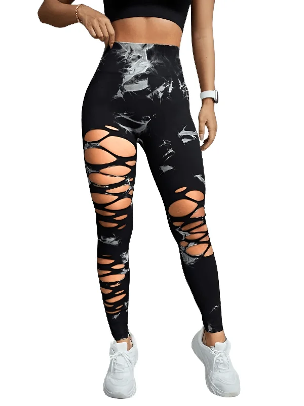 Sexy Ripped Tie Dye Leggings Women Seamless Leggings High Waist Hip Lifting Stretchy Sports Fitness Running Yoga Tights Comfortable Wide-Band Leggings