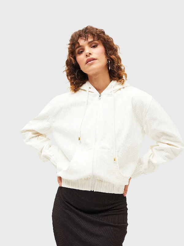 Women White Corduroy Varsity Jacket Notch Collar Peter Pan Collar Cowl Neck