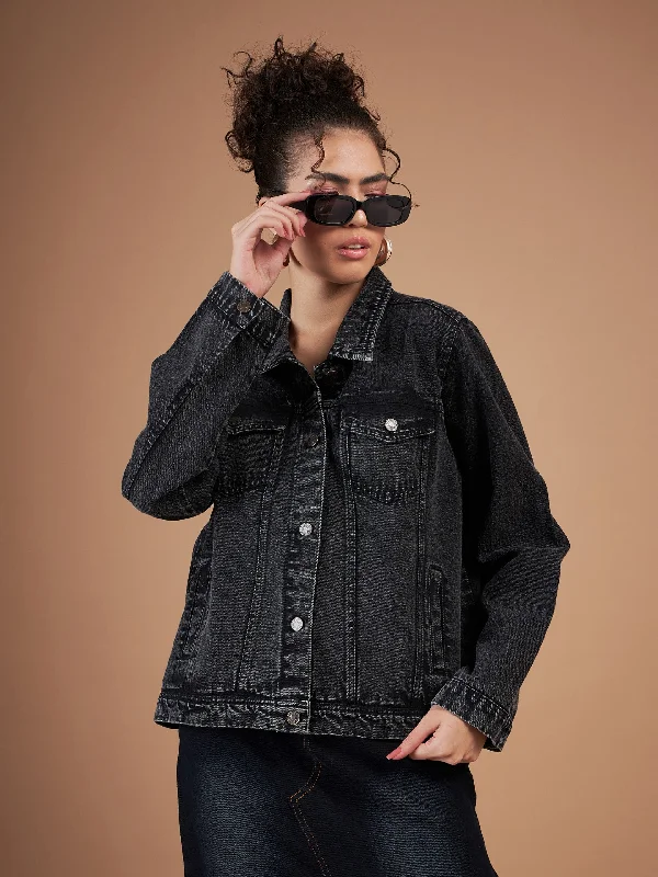 Women Black Washed Denim Regular Jacket Chenille Fabric Brocade Fabric Lace Fabric