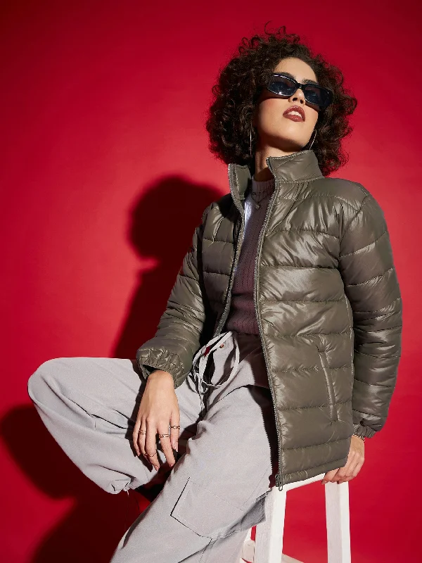 Women Olive High Neck Horizontal Quilt Puffer Jacket Denim Fabric Leather Fabric Suede Fabric Women Olive High Neck Horizontal Quilt Puffer Jacket Denim Fabric Leather Fabric Suede Fabric