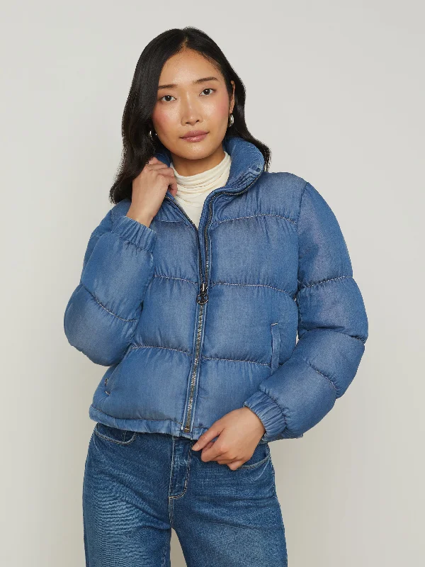 Stowe Denim Down Puffer Jacket Front Pockets Side Pockets Patch Pockets