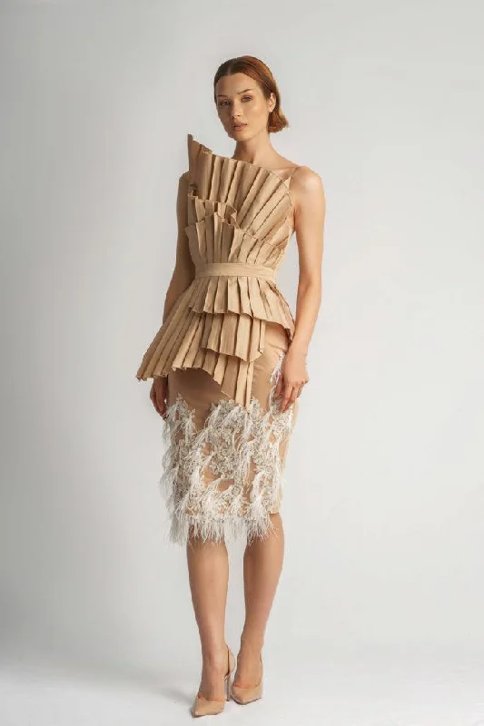 Structured Pleated Peplum Top With Tiny Strap & High Waist Lace Skirt With Feather Details. velvet skirt rich