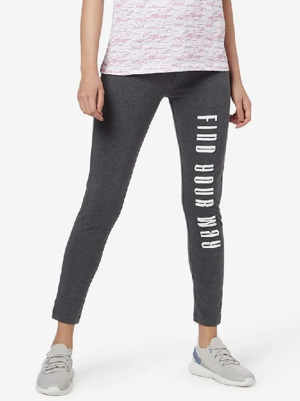 Studiofit Grey Melange Text Print Leggings Fashionable Ribbed Knit Leggings