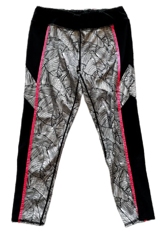 Tail Activewear Leggings - Black White Frond Print/ Pink Trim Size XL MSP$70 Trendy Sporty Compression Leggings