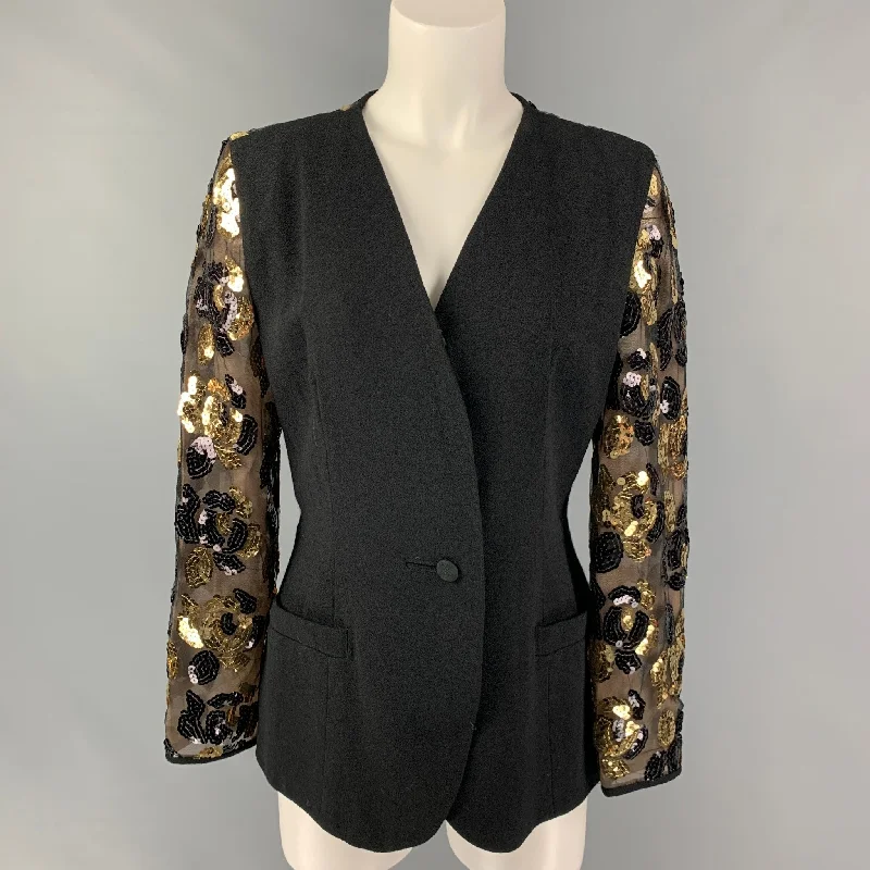TERI JON Size 8 Black & Gold Crepe Evening Jacket Hoodie Zip-Up Jacket Button-Up Jacket TERI JON Size 8 Black & Gold Crepe Evening Jacket Hoodie Zip-Up Jacket Button-Up Jacket