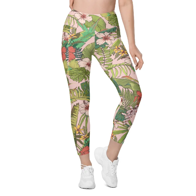 Vintage Tropical Floral SUP Swim Leggings w/ Pockets, UPF 50+ Fashionable Solid Color Tights