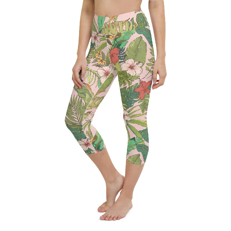 Women's Capri Swim Legging UPF 50+ Vintage Tropical Floral Stylish Stretch Pants Leggings