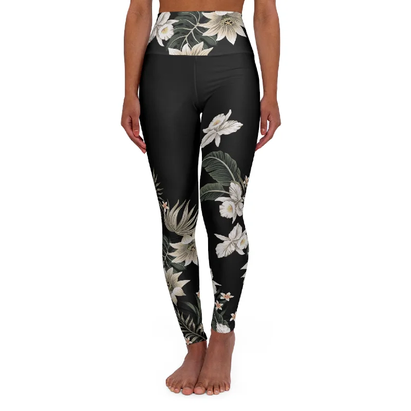 Womens High Waisted Surf Swim Paddleboard Leggings, Black Hawaiian Lily Cozy Lounge Pants Leggings