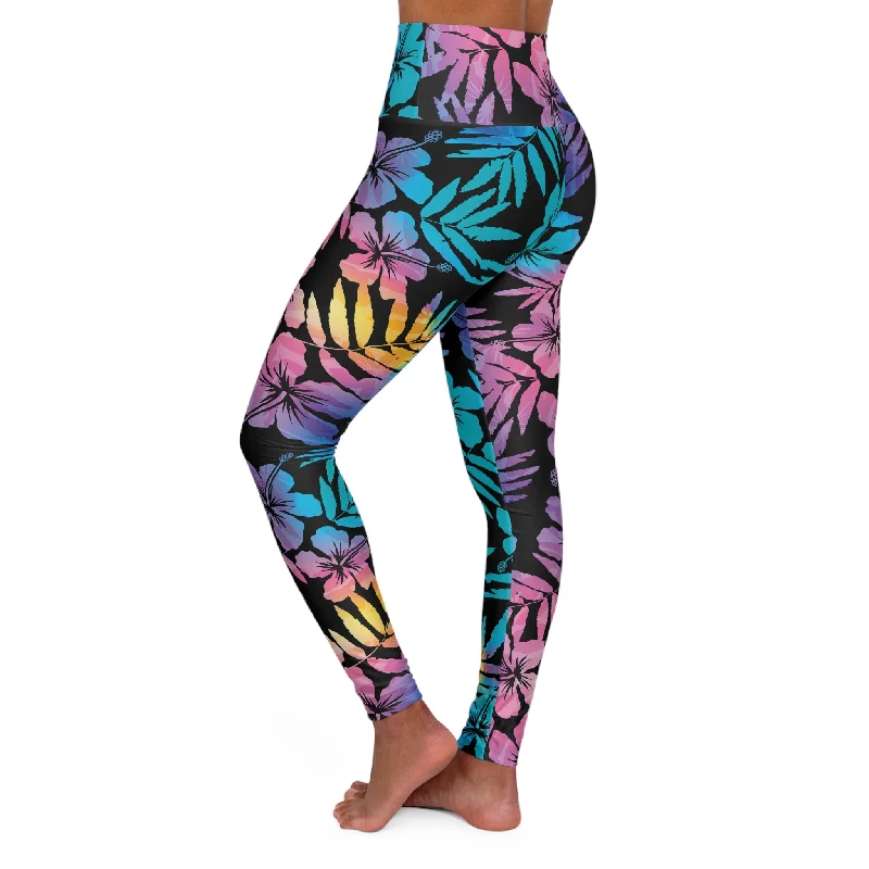 Women's High Waisted Swim Leggings, Floral Hawaiian Hibiscus Fashionable Sports Compression Leggings