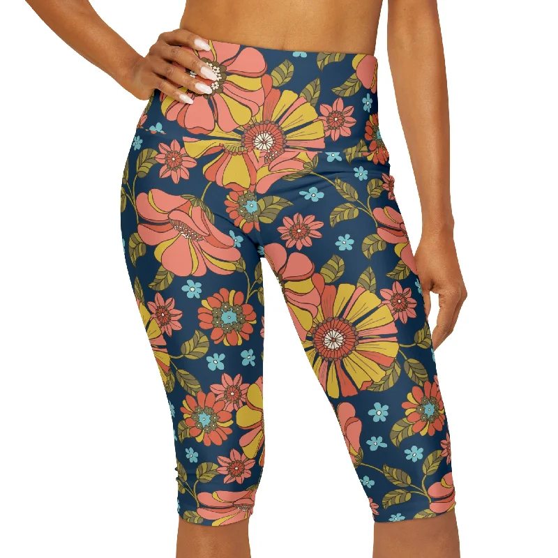 Women's Knee Length Capri Shorts Leggings, 70s Retro Floral Trendy Foil Finish Leggings