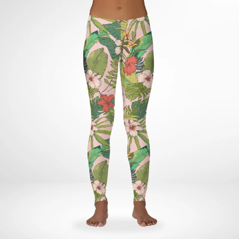 Women's Low, Mid-Rise UPF 50 Swim Leggings, Vintage Tropical Floral Elegant Full-Body Leggings