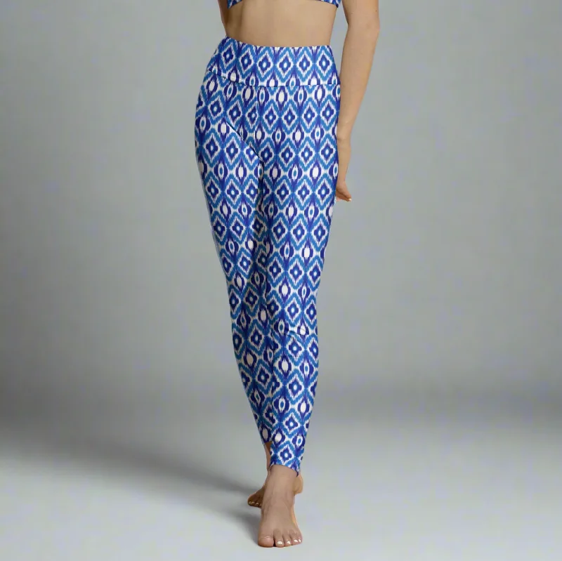 Women's Swim Leggings with Pockets, UPF 50+ Blue Ikat Comfortable Printed Workout Leggings