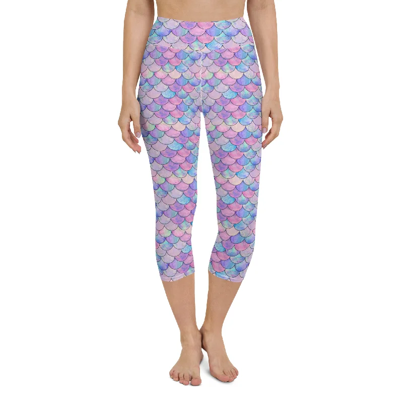 Women's UPF 50 Mermaid Swim Capri Leggings, Paddle Surf Comfortable Zip-Up Leggings