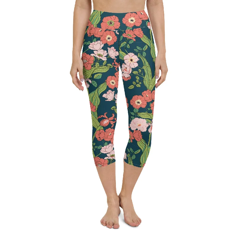 Women's UPF 50+ Swim Capri Leggings, Seychelles Floral Chic Printed Yoga Pants