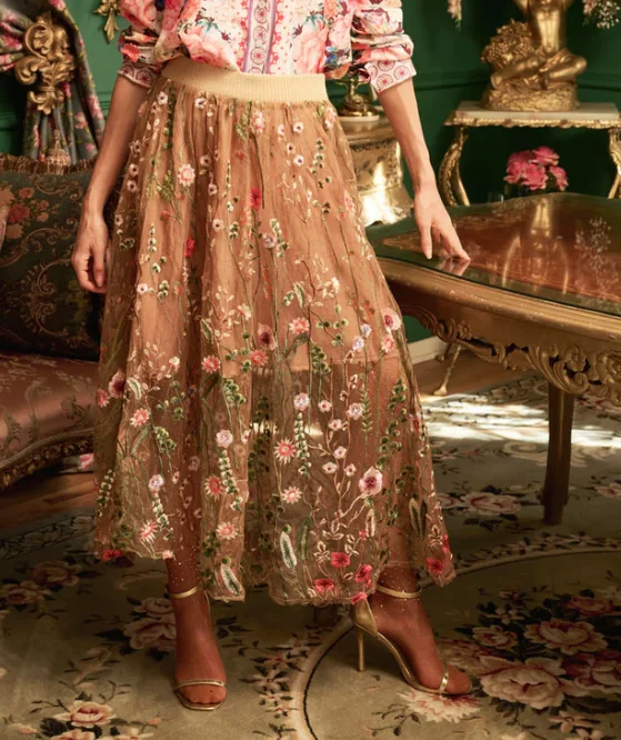 Mesh Floral Appliqued Midi Skirt tulle skirt dreamy