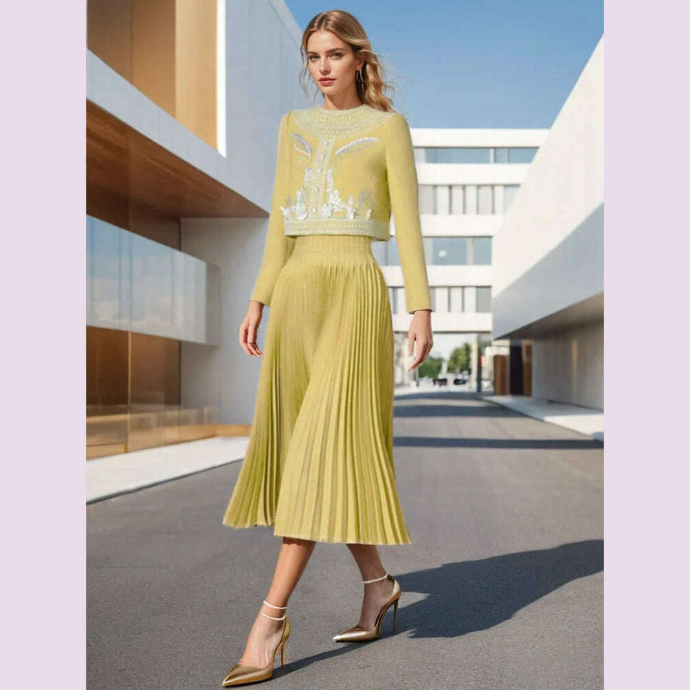 DEAT Fashion Women's 2 Pcs Set Embroidered Flowers Zip Short Tops Pleated A-line Mid-calf Skirt Suit Autumn 2024 New 13DB1022 cashmere skirt fine DEAT Fashion Women's 2 Pcs Set Embroidered Flowers Zip Short Tops Pleated A-line Mid-calf Skirt Suit Autumn 2024 New 13DB1022 cashmere skirt fine