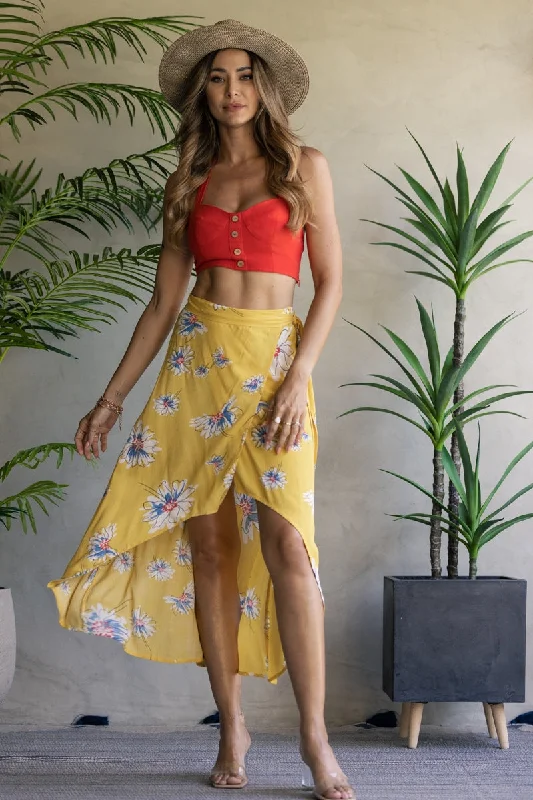 FLORAL PRINT WRAP AROUND SKIRT-LS30192 relaxed fit skirt