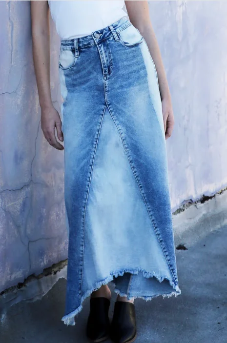Selma Pieced Denim Maxi Skirt wool skirt sturdy
