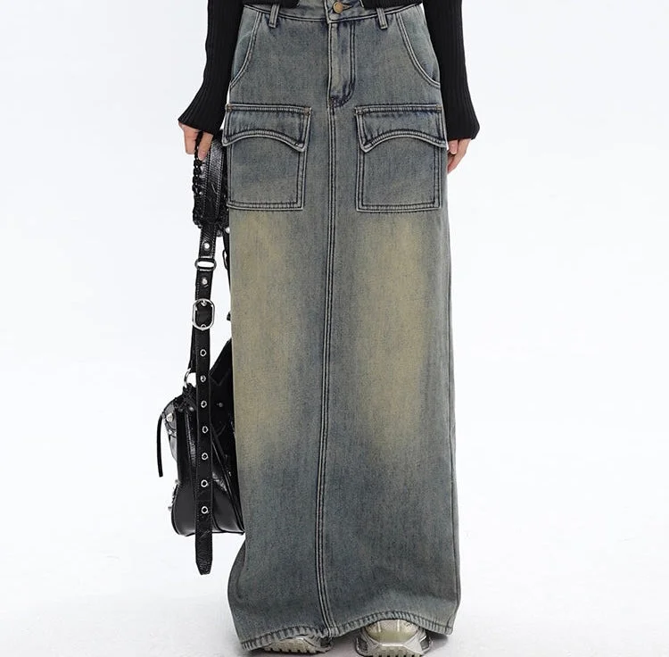 Aria Black Vintage Split Denim Midi Long Jeans Skirt velvet skirt sumptuous