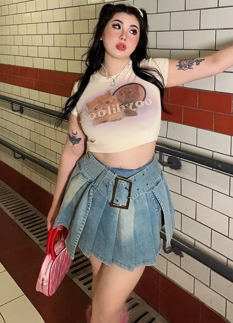 Kiana Denim Blue Plus Size High Waist Belt Square Buttoned Pleated Side Slit Jeans Skirt silk skirt elegant Kiana Denim Blue Plus Size High Waist Belt Square Buttoned Pleated Side Slit Jeans Skirt silk skirt elegant