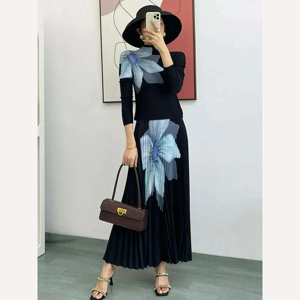 LANMREM Elegant Fashion Printed Pleated 2 Pieces Set For Women Turtleneck Slim Tops With High Waist Mid Length Skirts 2Q1248 vintage skirt charm LANMREM Elegant Fashion Printed Pleated 2 Pieces Set For Women Turtleneck Slim Tops With High Waist Mid Length Skirts 2Q1248 vintage skirt charm
