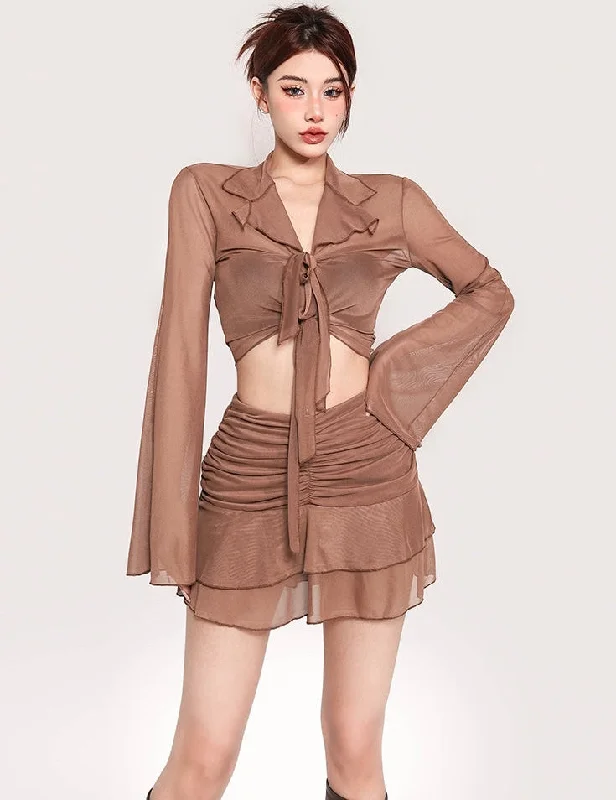 Lexi Solid Color Brown Mesh Long Sleeve Front Tie Cropped Top + High Waist Pleated Mini Skirt Matching Set cashmere skirt rich Lexi Solid Color Brown Mesh Long Sleeve Front Tie Cropped Top + High Waist Pleated Mini Skirt Matching Set cashmere skirt rich