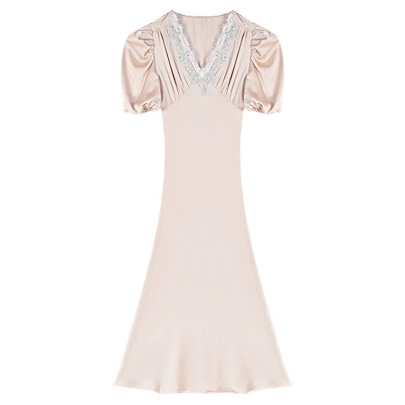 Lizza Solid Color Champaign French V-neck Short-Sleeved Lace Satin Midi Skirt lace skirt delicate Lizza Solid Color Champaign French V-neck Short-Sleeved Lace Satin Midi Skirt lace skirt delicate
