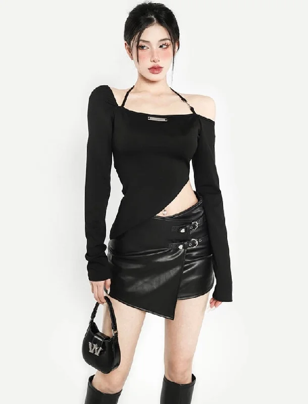 Mallory Solid Color Black Faux Leather Double Strap Asymmetrical Skirt leather skirt sleek Mallory Solid Color Black Faux Leather Double Strap Asymmetrical Skirt leather skirt sleek