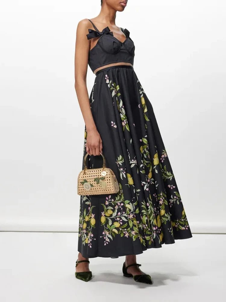 Square Collar Sleeveless Top & Floral Long Skirt Set linen skirt relaxed