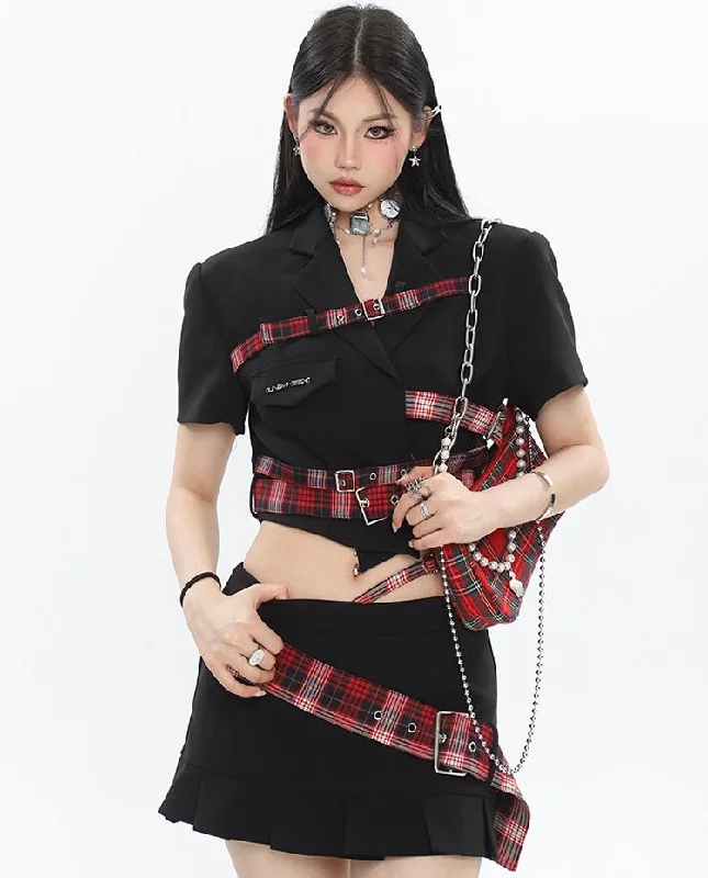 Suzy Red Plaid Short Sleeve Waist Belt Cropped Top + High Waist Black Belt Mini Skirt Matching Set wool skirt sturdy Suzy Red Plaid Short Sleeve Waist Belt Cropped Top + High Waist Black Belt Mini Skirt Matching Set wool skirt sturdy