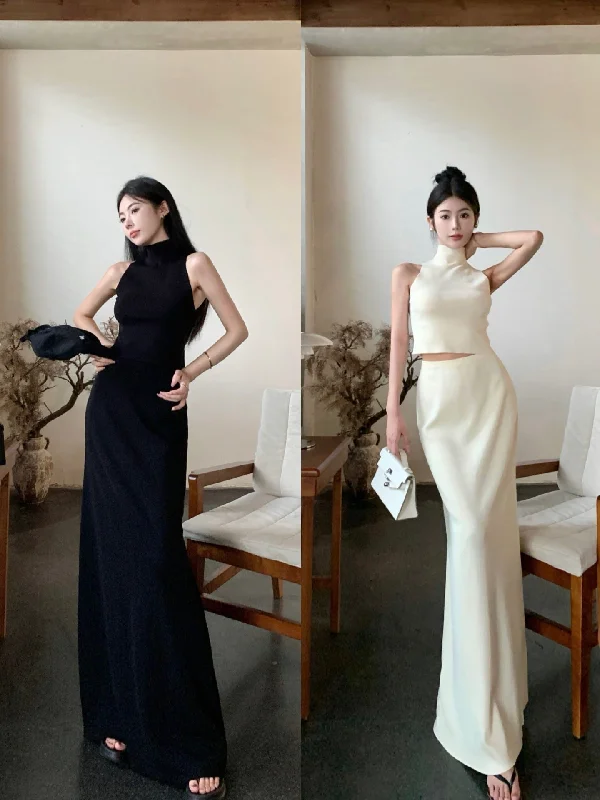 two-piece Ice silk sleeveless off-shoulder knitted vest  high waist sheath skirt silk skirt lustrous