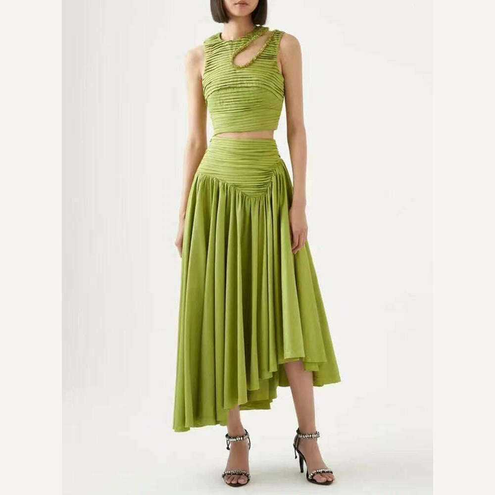 VGH Slim Two Piece Sets For Women Round Neck Sleeveless Hollow Out Pleat Crop Tops Irregular Hem Pleated Skirt Solid Set Female pleated skirt texture VGH Slim Two Piece Sets For Women Round Neck Sleeveless Hollow Out Pleat Crop Tops Irregular Hem Pleated Skirt Solid Set Female pleated skirt texture