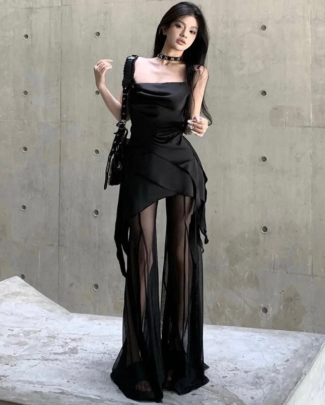 Vienna Solid Color Black Spaghetti Strap Pleated Square Neck Asymmetrical Top + High Waist Patchwork Long Sheer Skirt Pants Matching Set wool skirt warm Vienna Solid Color Black Spaghetti Strap Pleated Square Neck Asymmetrical Top + High Waist Patchwork Long Sheer Skirt Pants Matching Set wool skirt warm
