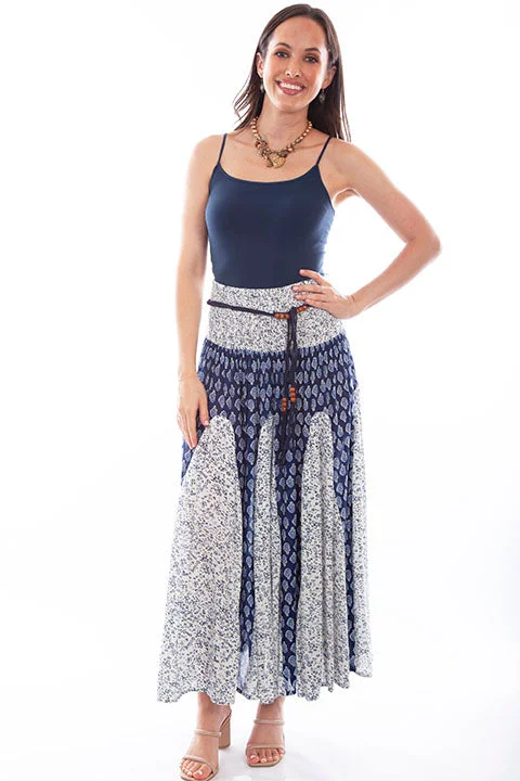 Women's White & Navy Print Boho Maxi Skirt silk skirt lustrous