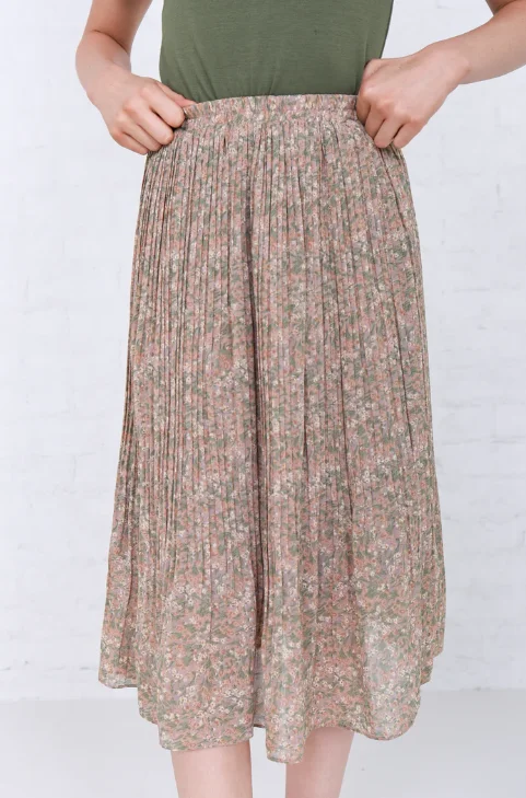 Women's Pleated Floral Midi Skirt high slit skirt