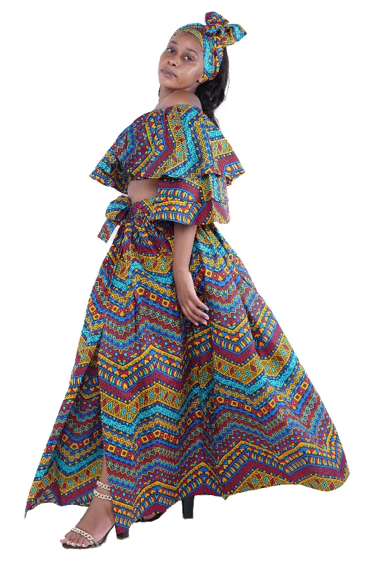 African Crop Top and Slit Skirt Set ribbed skirt waist