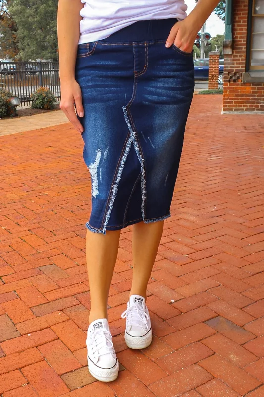 Becca Distressed Denim Skirt (Dk. Indigo) leather skirt sleek