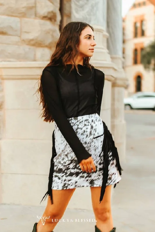Black Cow Hide Printed Double Suede Fringe Skirt lace skirt feminine
