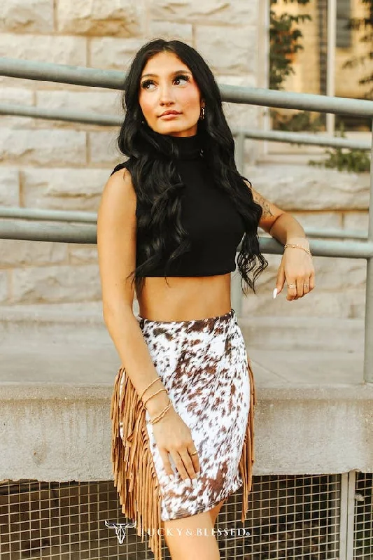 Brown Cow Hide Printed Double Suede Fringe Skirt linen skirt natural