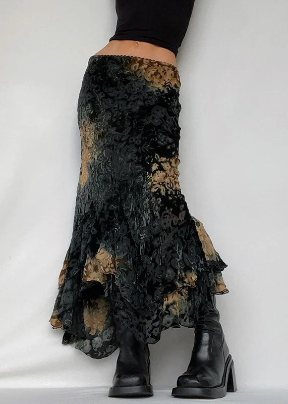 Chic Black Asymmetrical Print Ruffled Patchwork Silk Velour Skirt patchwork skirt art