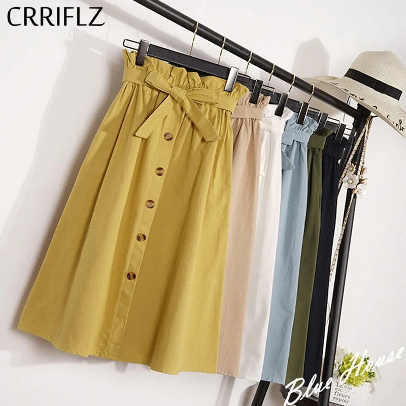 CRRIFLZ Summer Autumn Skirts Womens Midi Knee Length Korean Elegant Button High Waist Skirt Female Pleated School Skirt vintage skirt charm