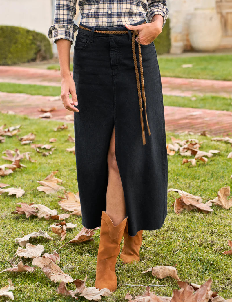 DONNYBROOK Vintage Denim Midi Skirt in Washed Black asymmetrical skirt cut