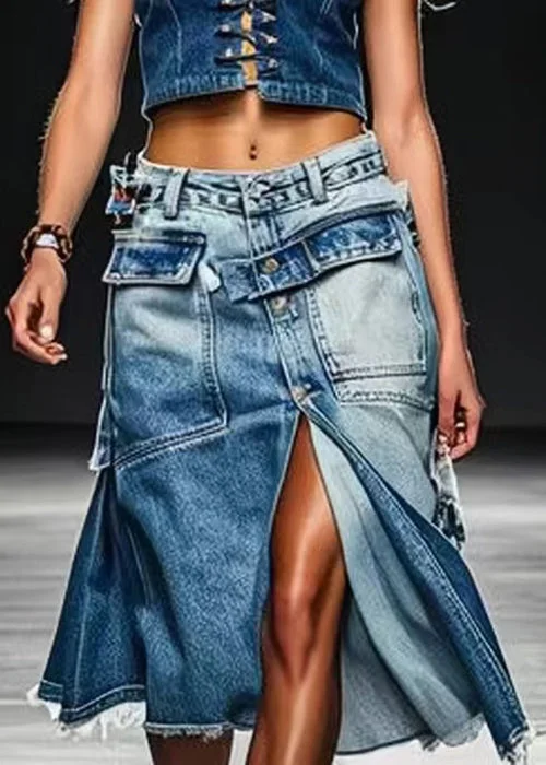 French Blue Button Pockets Front Open Denim Skirt Summer tiered skirt playful